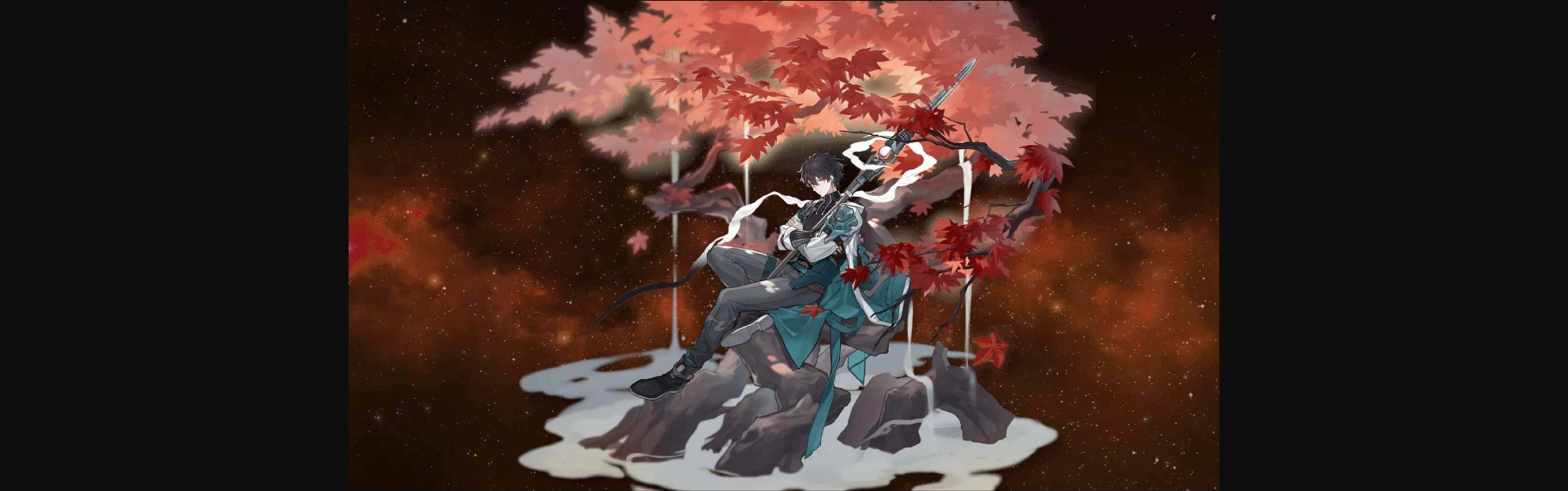  壁紙 — 一位黑髮、身穿青綠色鎧甲的動漫戰士坐在雪覆蓋的岩石上，在一棵發光的紅楓樹下，背景是宇宙橙色的星域。