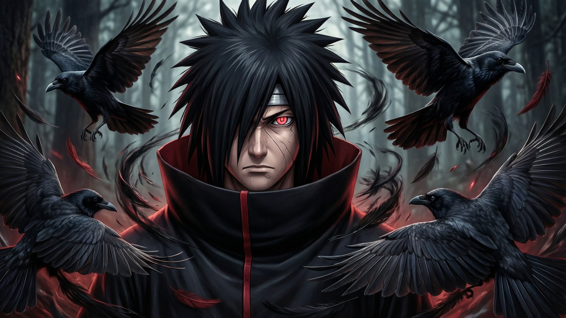 Crow's Itachi 壁紙 — 一位黑髮紅眼的動漫戰士，身穿黑色斗篷，站在迷霧森林中，周圍飛舞著烏鴉。