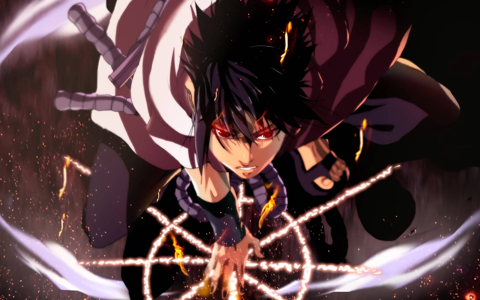紅眼動漫角色在戰鬥中引導發光能量。 — Sasuke 壁紙
