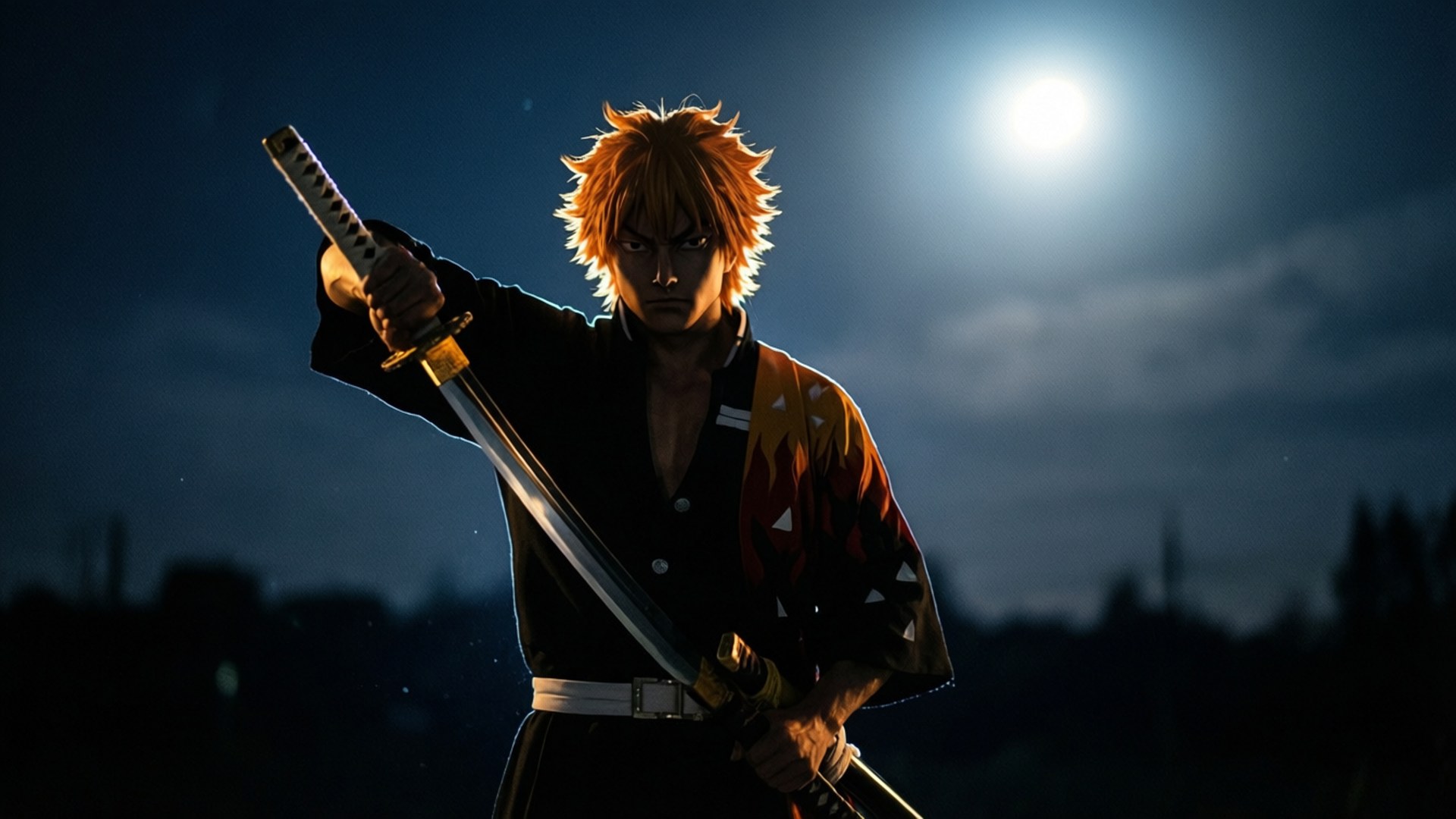 Moonlit Bankai 壁紙 — 一個頭髮尖刺的動漫戰士穿著火焰圖案羽織，在明亮的月亮下以剪影站立，手持武士刀在夜晚。