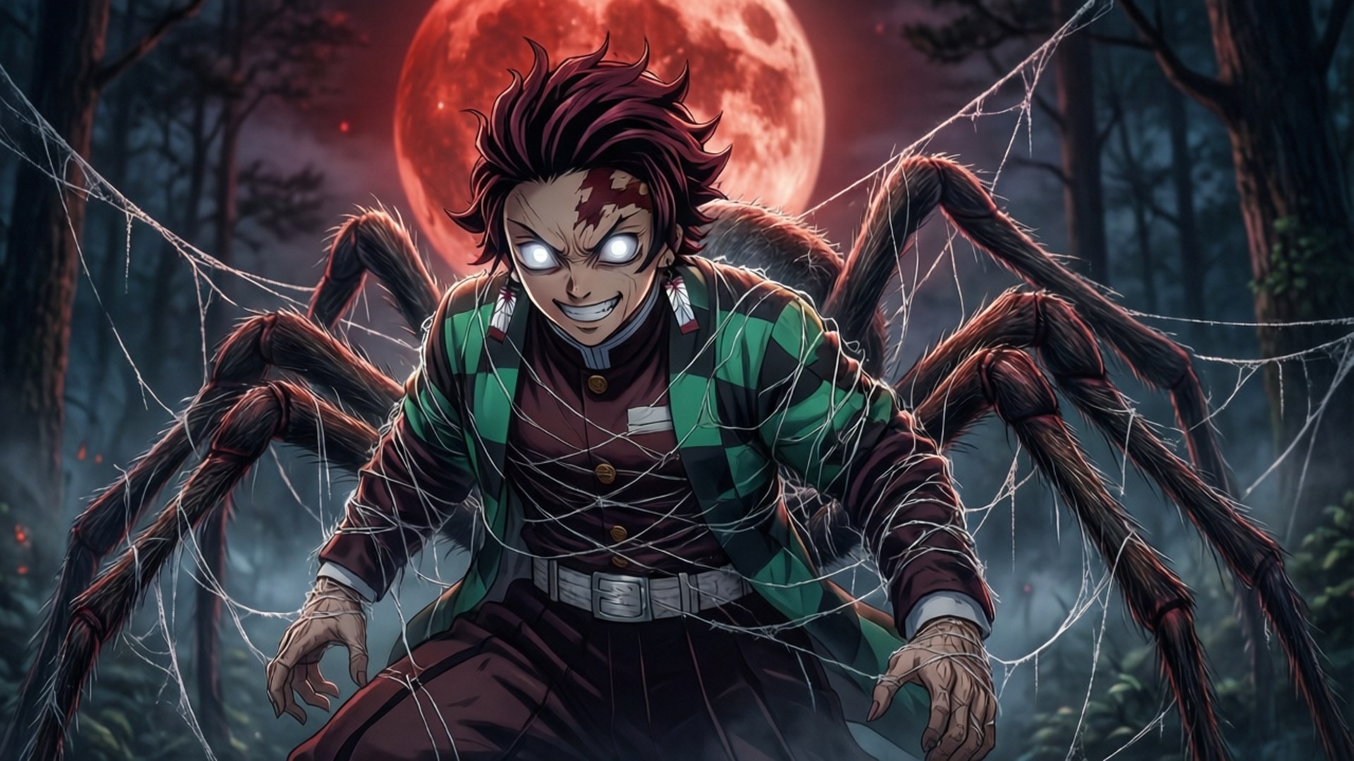 Moonlit Spider Web Rui 壁紙 — 一個刺蝟頭、發光眼睛的動漫戰士，在血紅月亮下的黑暗森林中從蜘蛛網中出現。