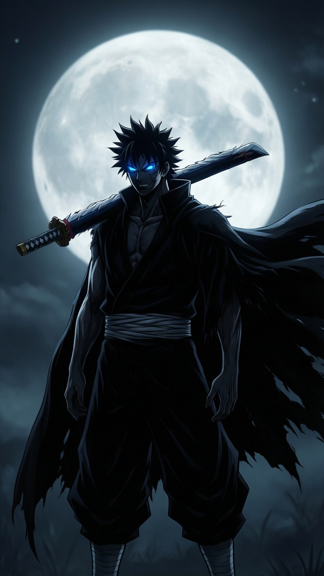 Moonlit Bankai Silhouette 壁紙 — 一位深色頭髮的動漫戰士，閃爍著藍色光芒的眼睛，站在滿月下，肩上扛著一把武士刀。