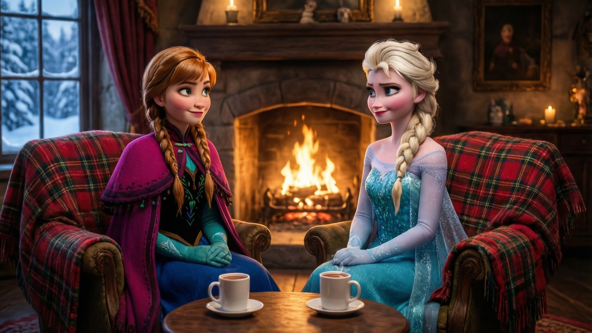 Sisters by the Fireplace 壁紙 — 安娜和艾莎坐在舒適的扶手椅上，在劈啪作響的壁爐旁，在溫暖明亮的冬季小屋裡分享茶。