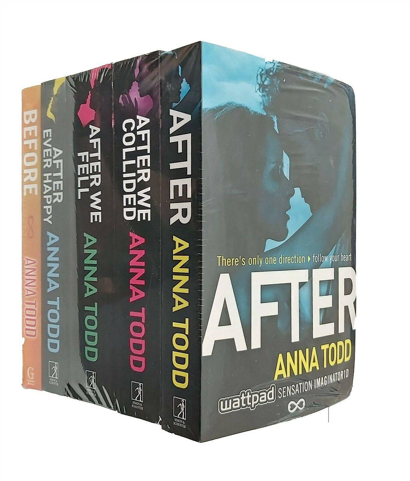 書本 桌布 壁紙 — Anna Todd 的《After》系列小說盒裝套裝，色彩繽紛的書脊，封面有浪漫情侶剪影。