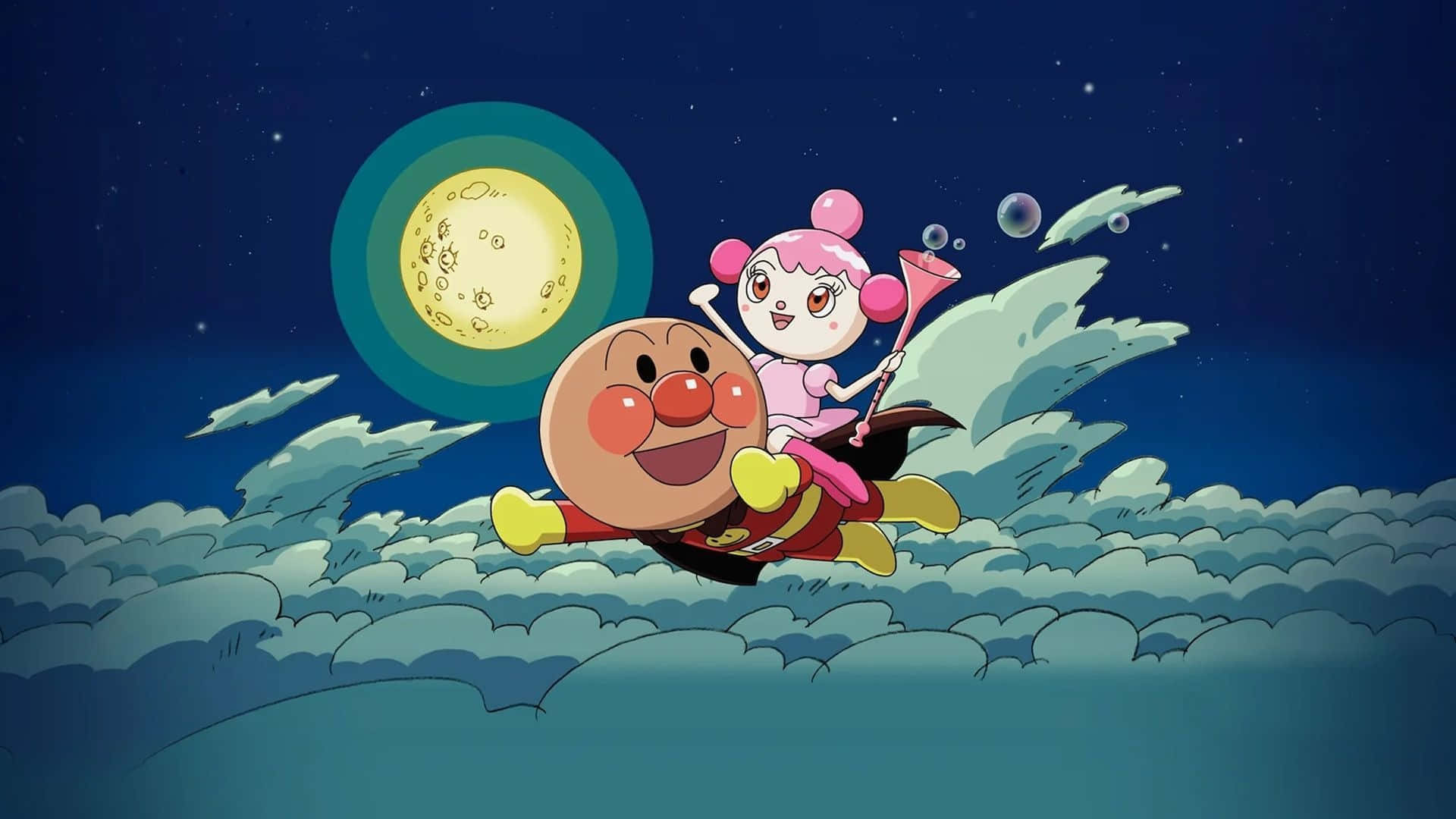  壁紙 — Anpanman 和一個粉紅色頭髮的女孩在星光燦爛的夜空下快樂地飛翔，背後有一輪發光的月亮。