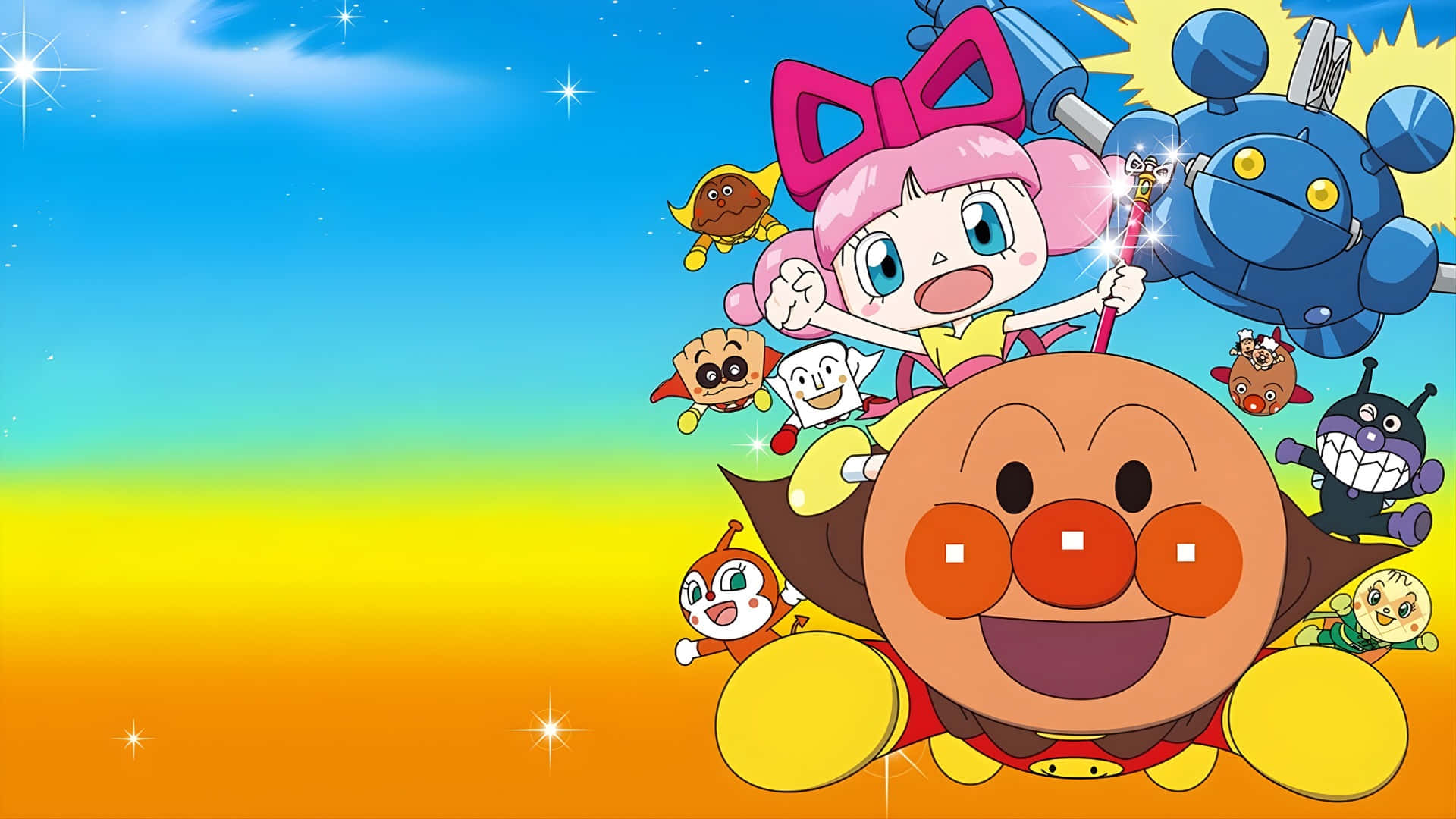  壁紙 — Anpanman 和朋友們愉快地翱翔在充滿閃爍星星和歡樂表情的鮮豔彩虹天空中。