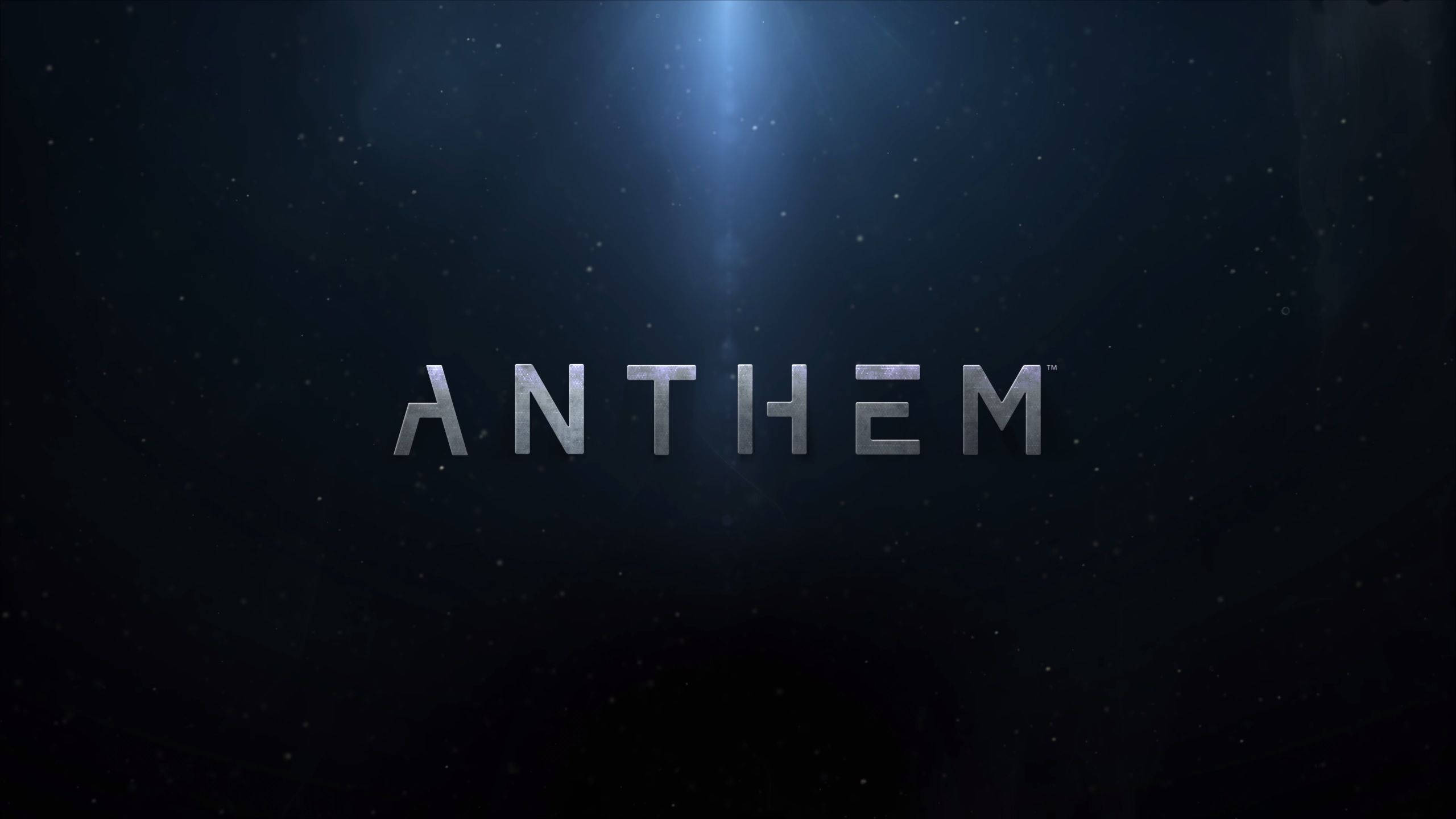 Anthem 桌布 壁紙 — 「ANTHEM」一詞以金屬字母在黑暗宇宙背景下發光，並帶有星場和耀眼的光束。