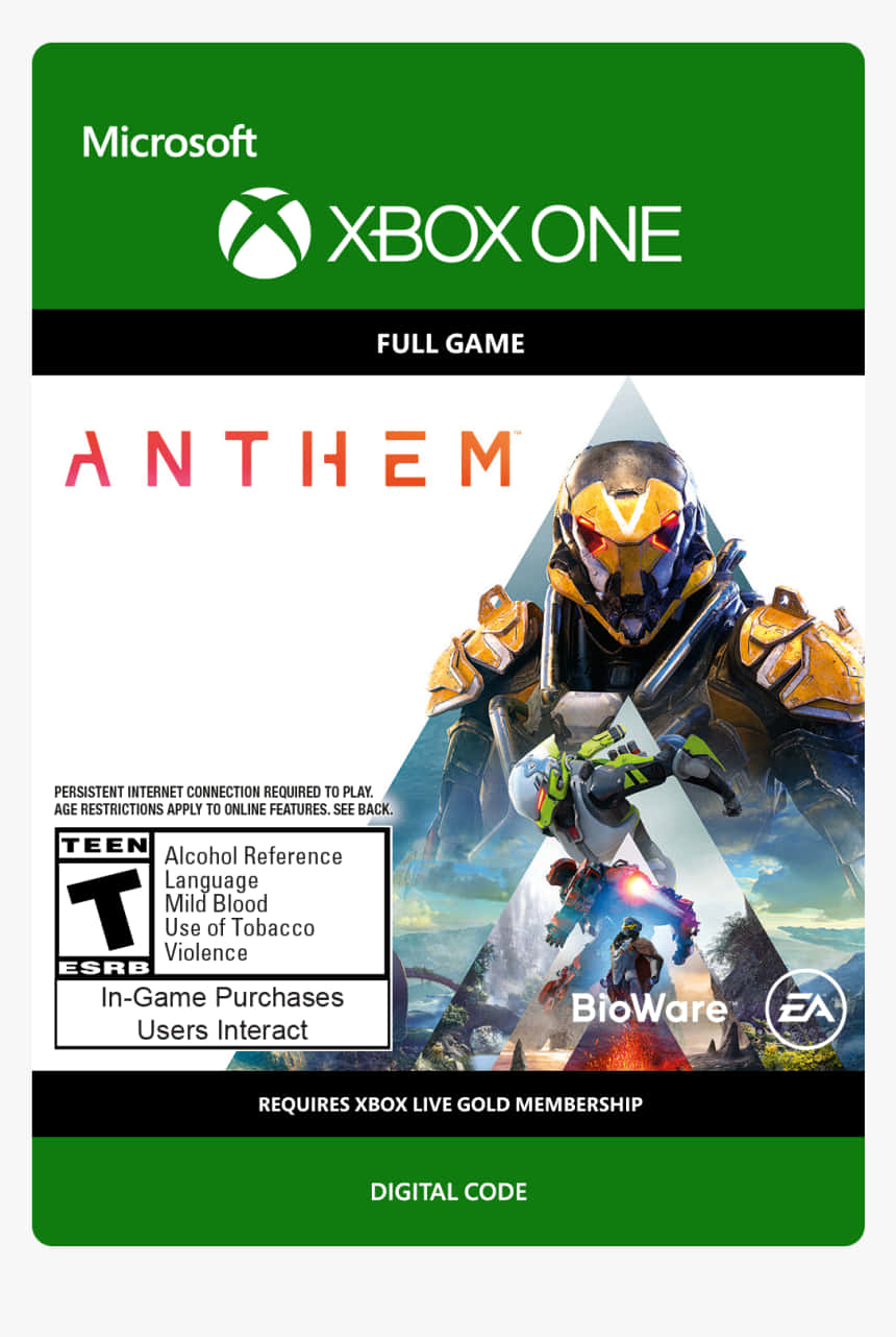 game 桌布 壁紙 — 《Anthem》的數位遊戲封面，展示一名身穿裝甲、戴著發光橙色面罩的角色站在山區景觀上。