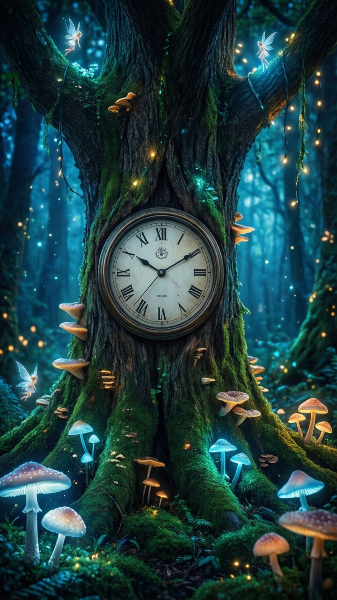 Enchanted Tree Clock 壁紙 — 一個古董時鐘嵌入在魔法森林中長滿苔蘚的樹幹裡，森林中閃爍著仙女燈光和生物發光蘑菇。