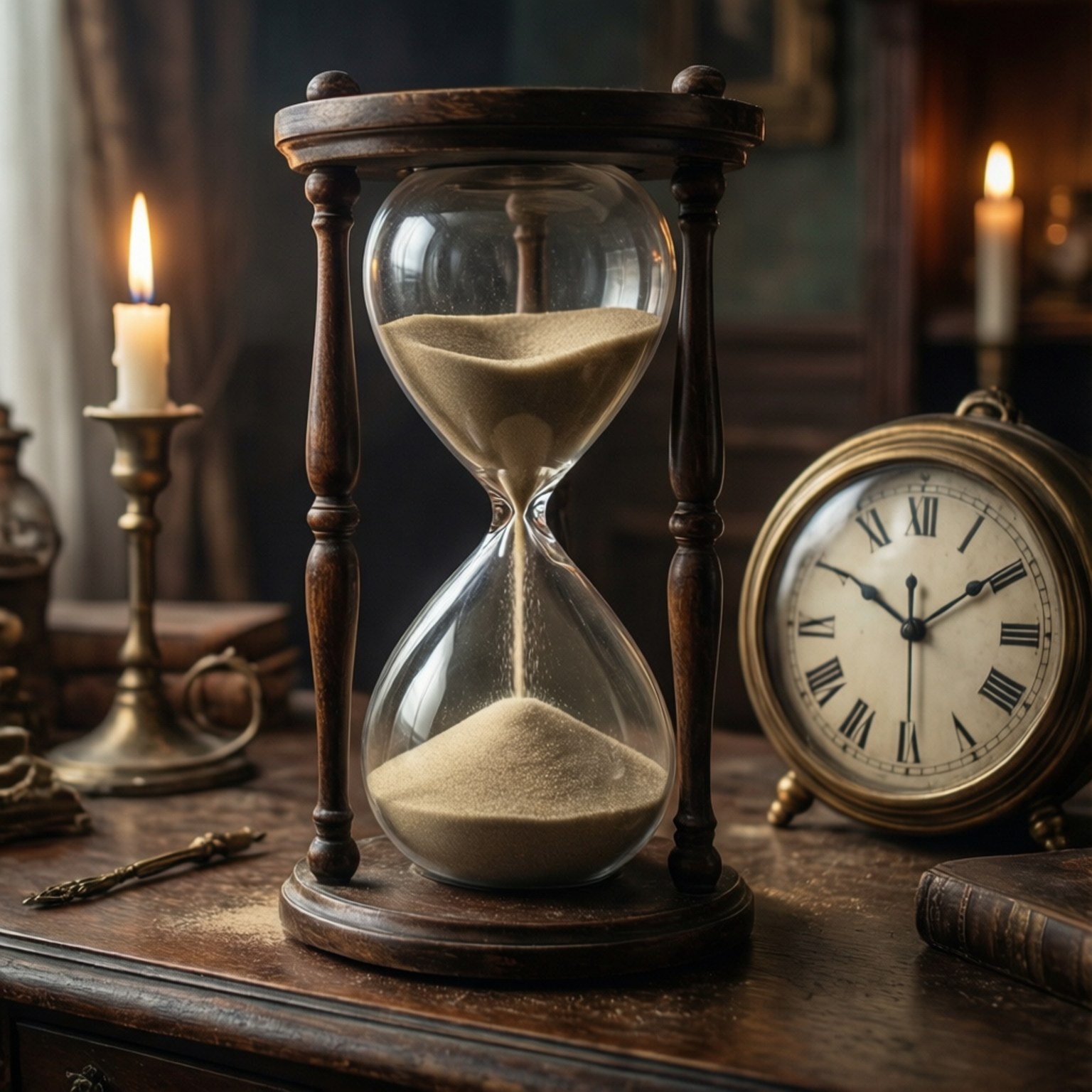 Hourglass and Clocks 壁紙 — 一個古董沙漏，沙子流動，放在木桌上，旁邊有一個滴答作響的時鐘和閃爍的燭光。