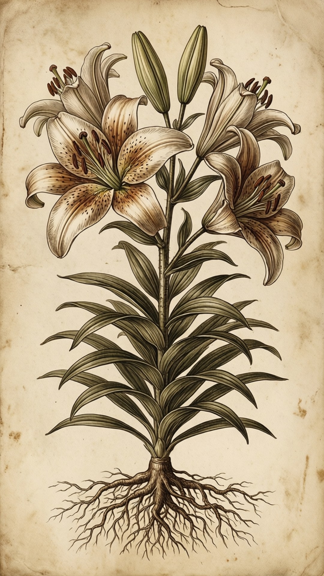 Lilies 桌布 壁紙 — 一幅古董風格的植物插圖，描繪百合花植物，有盛開的花朵和可見的根部，畫在舊羊皮紙上。