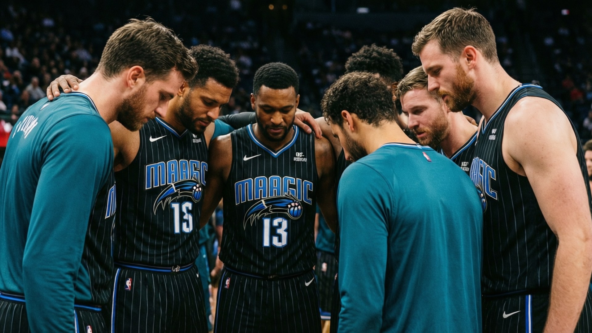 Magic Team Huddle 壁紙 — 奧蘭多魔術籃球運動員身穿深藍色細條紋球衣，在比賽中於球場上緊密圍成一圈，手搭在肩上。