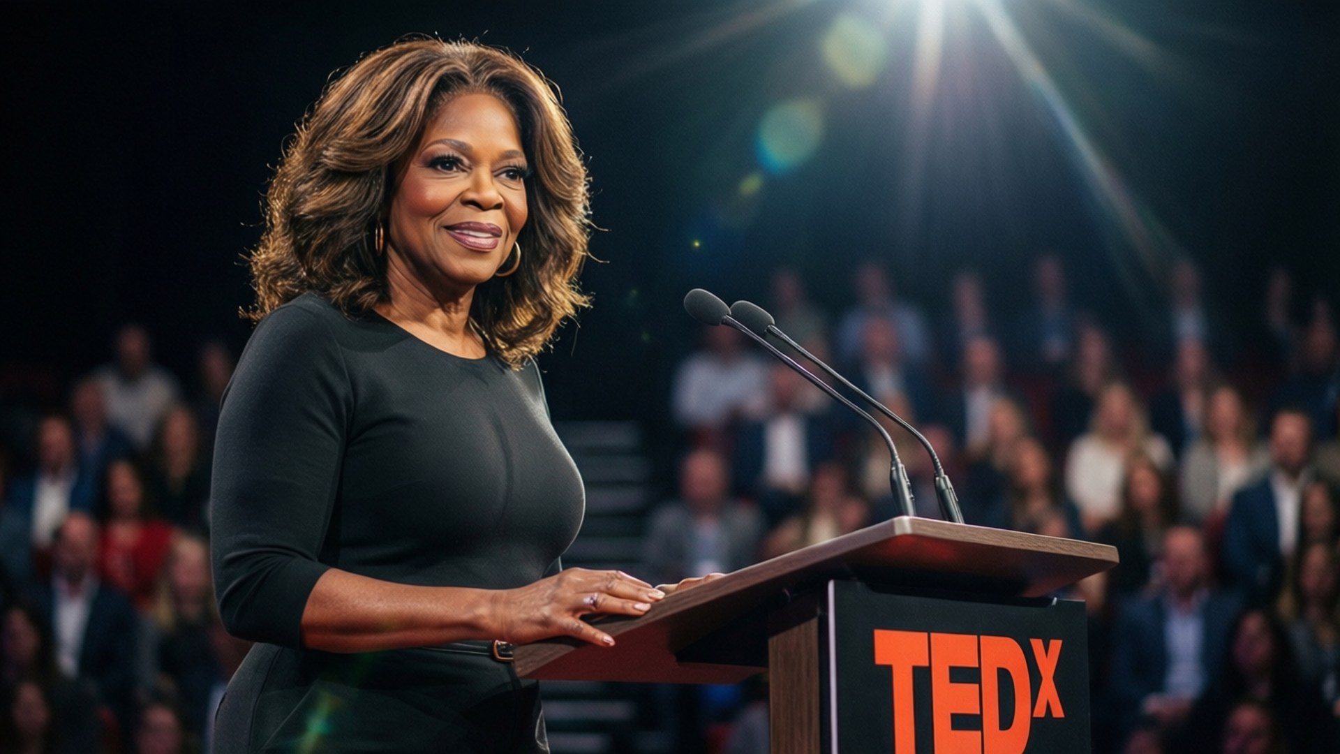 Oprah on Stage 壁紙 — 奧普拉·溫弗瑞站在木製TEDx講台上，在明亮的舞台燈光下溫暖地微笑，身後有模糊的觀眾。