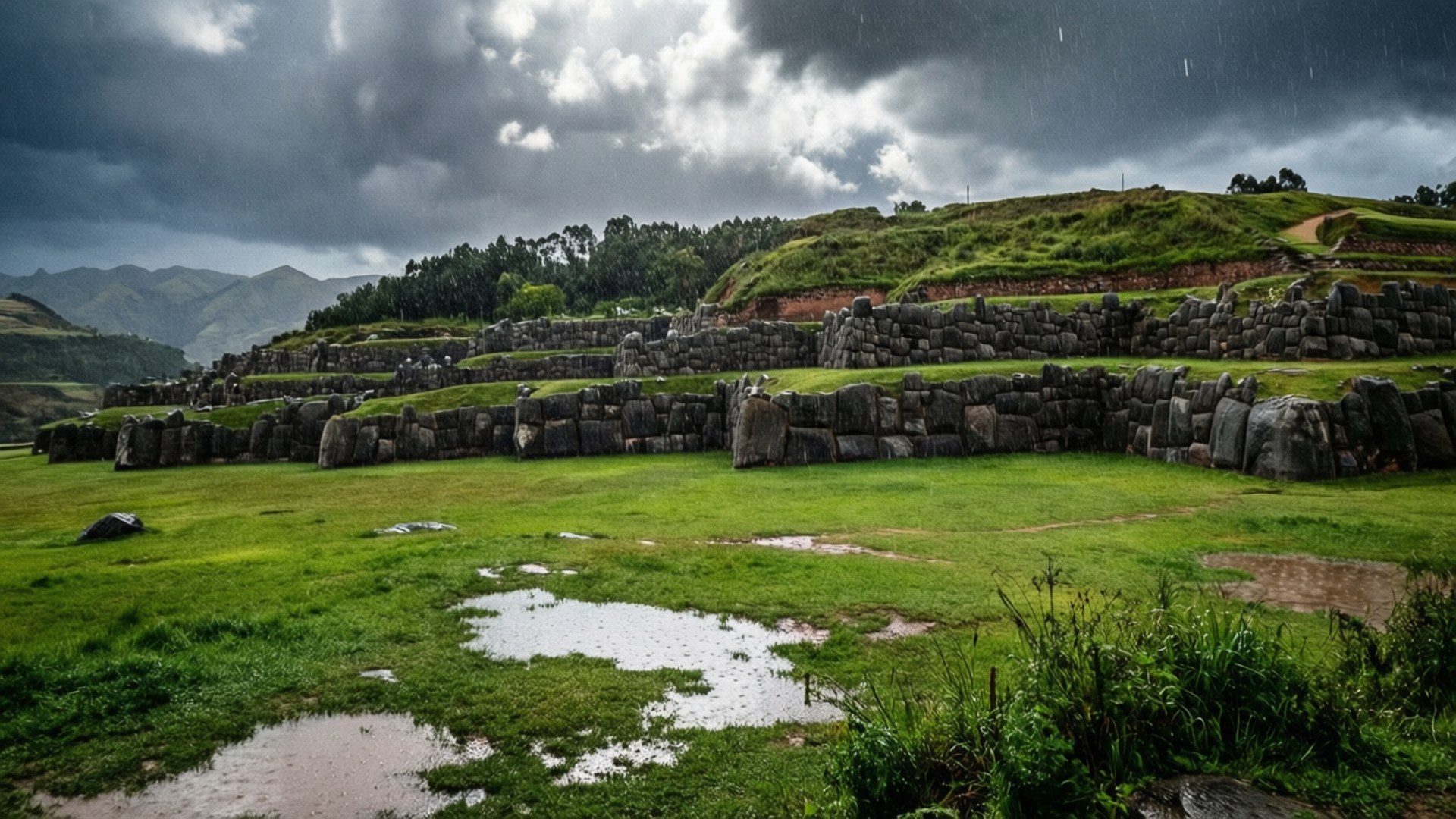 Rainy Season at Sacsayhuaman 壁紙 — 奧揚泰坦博的古老石遺跡在暴風雨的天空下莊嚴地矗立，雨水落在充滿活力的綠草和遠處的山脈上。