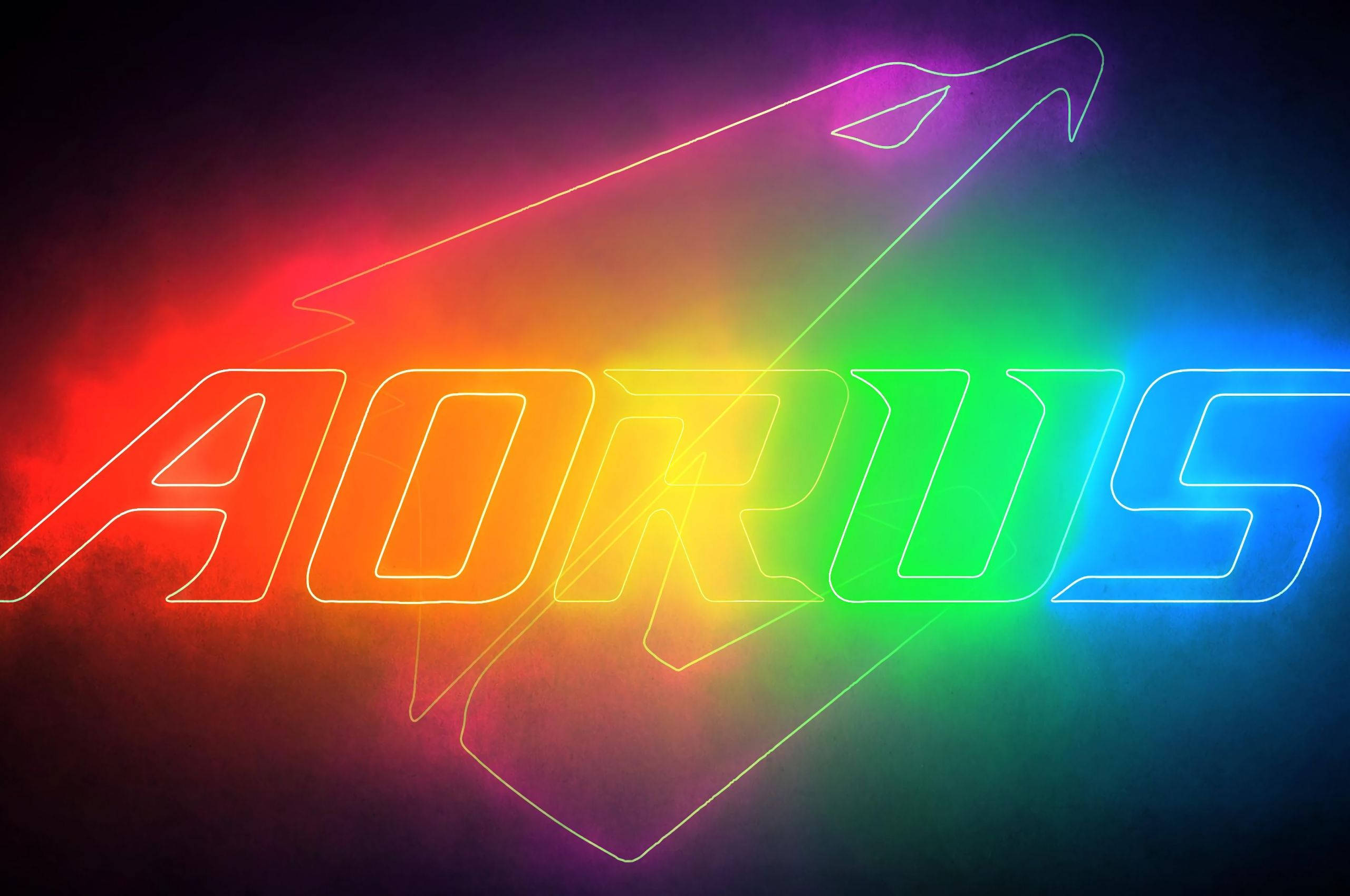 高清 桌布 壁紙 — AORUS 標誌在深色漸變背景上發出鮮豔的彩虹霓虹輪廓光芒。