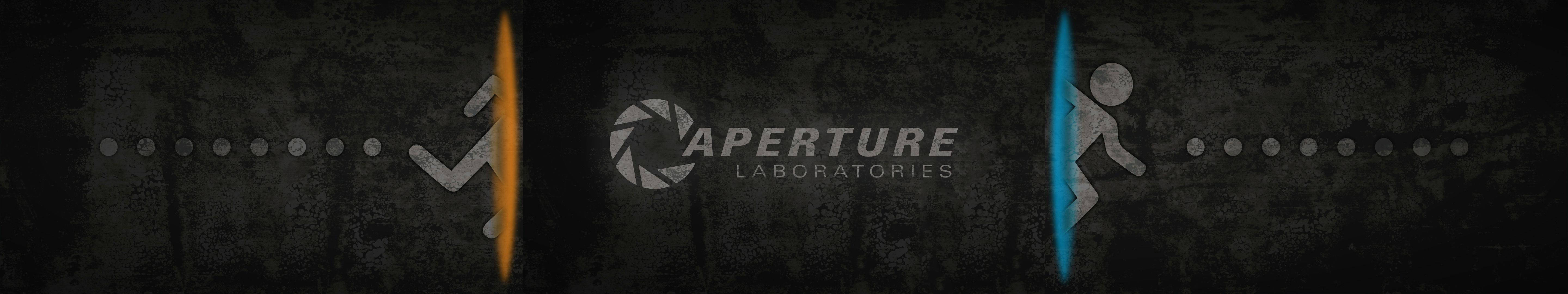 Aperture Laboratories 標誌，帶有橙色和藍色發光的測試對象剪影。 — 三螢幕 壁紙