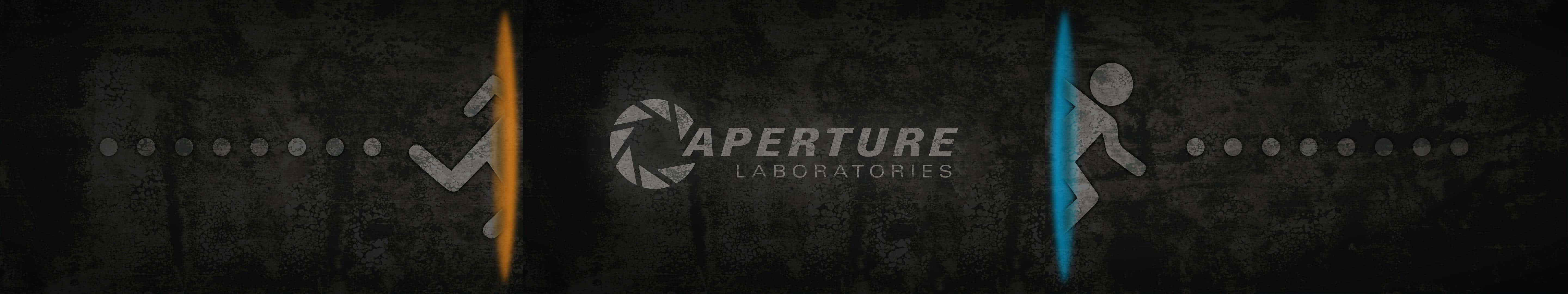 Pixel 3 Monitor 桌布 壁紙 — Aperture Laboratories 標誌，兩側有橙色和藍色發光人物，背景為深色紋理。