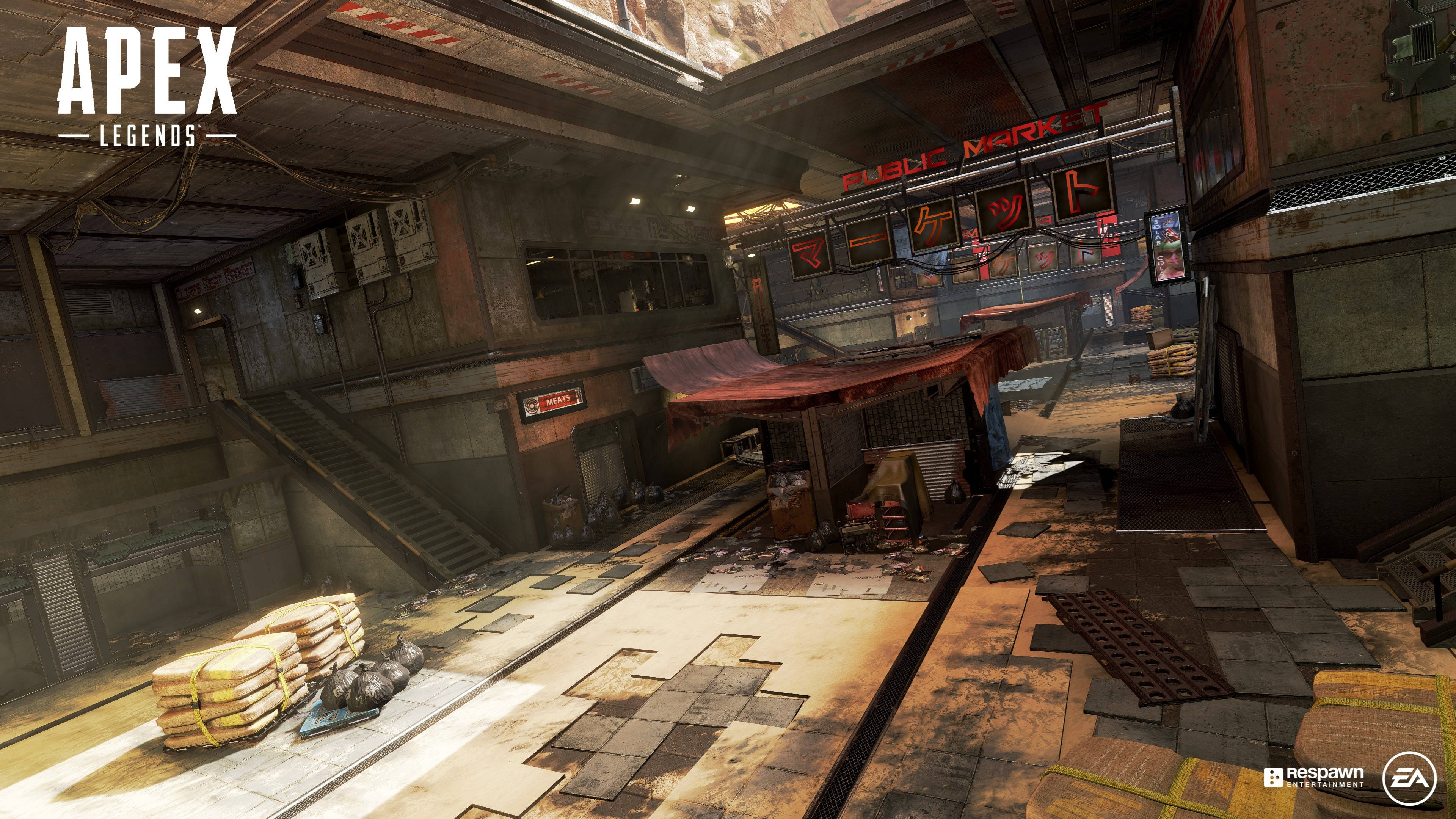 Legends 桌布 壁紙 — Apex Legends 中一個骯髒的城市市場內部，有破損的瓷磚、灰塵和霓虹燈招牌，在混凝土牆壁和樓梯上投射出溫暖的光線。