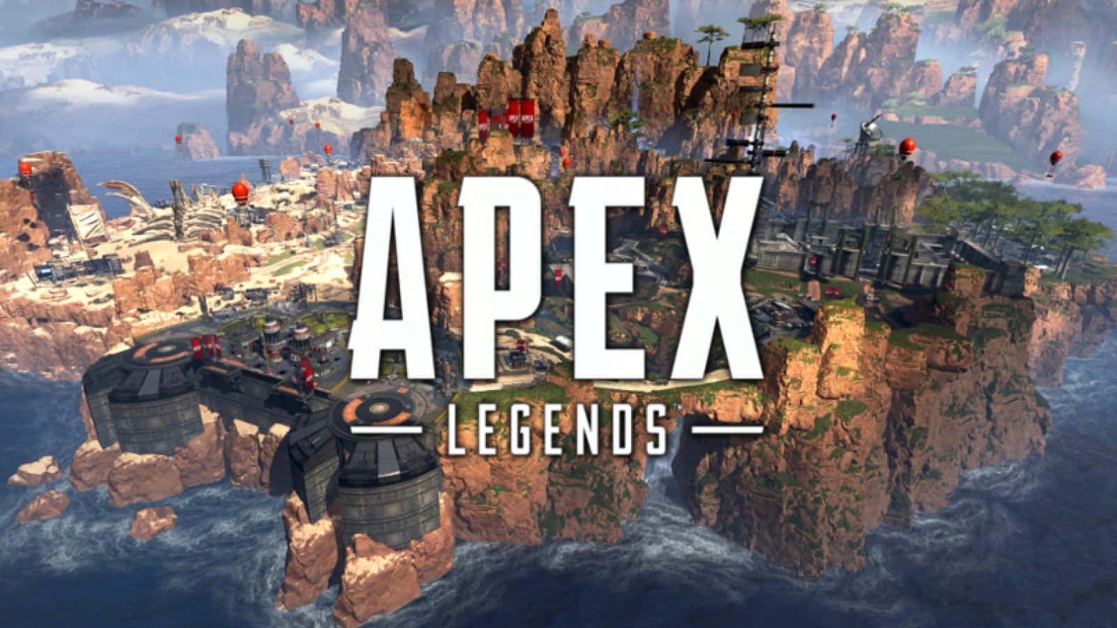 Apex Legends Logo 桌布 壁紙 — Apex Legends 中崎嶇島嶼堡壘的戲劇性航拍圖，包含懸崖、海洋和未來主義建築。