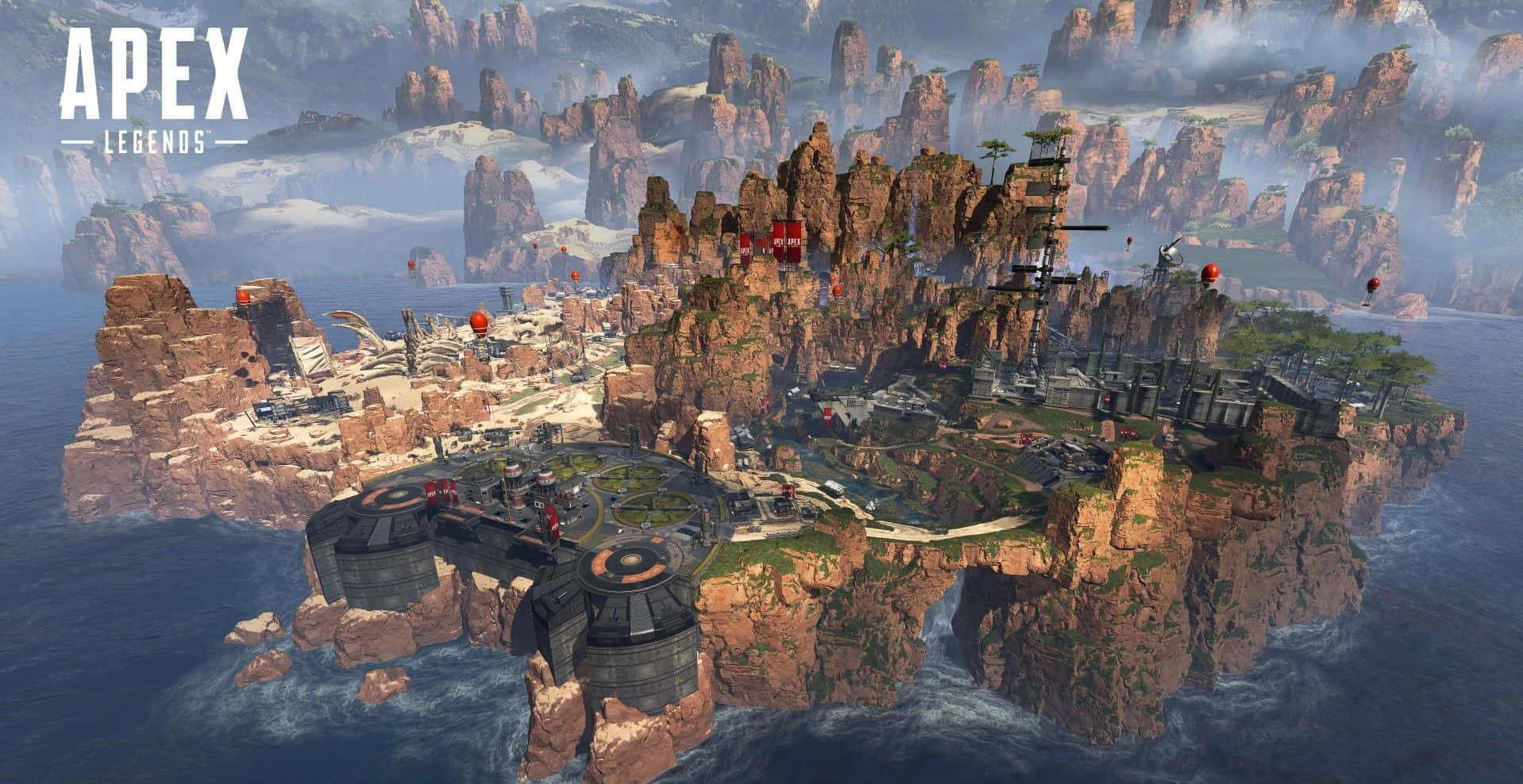 Apex 桌布 壁紙 — Apex Legends 中的浮島堡壘，擁有鋸齒狀懸崖和從海浪中升起的未來主義建築。