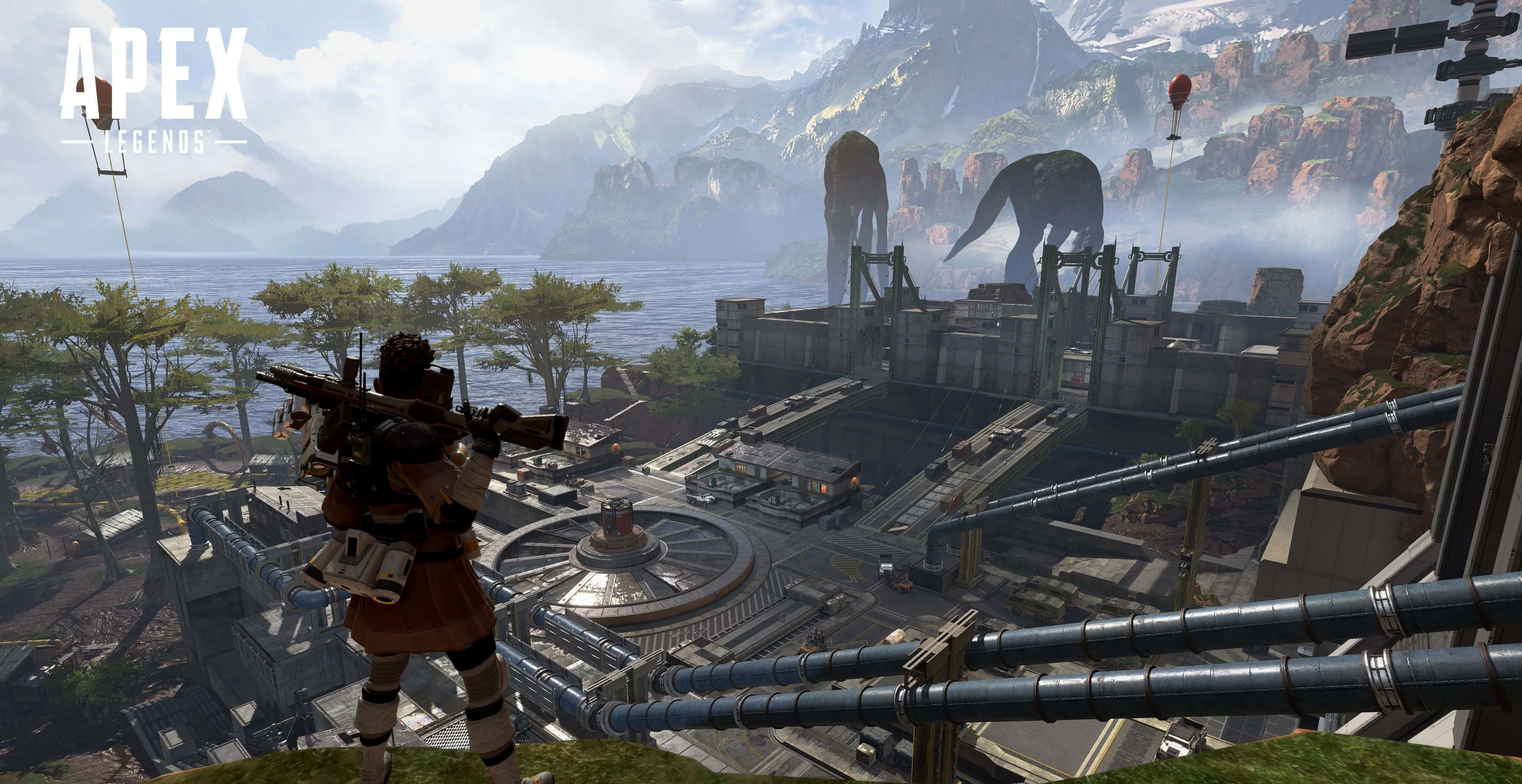 Apex 桌布 壁紙 — Apex Legends 中的玩家站在懸崖上，俯瞰著一個未來主義的沿海基地，遠處有巨大的恐龍和漂浮的氣球。