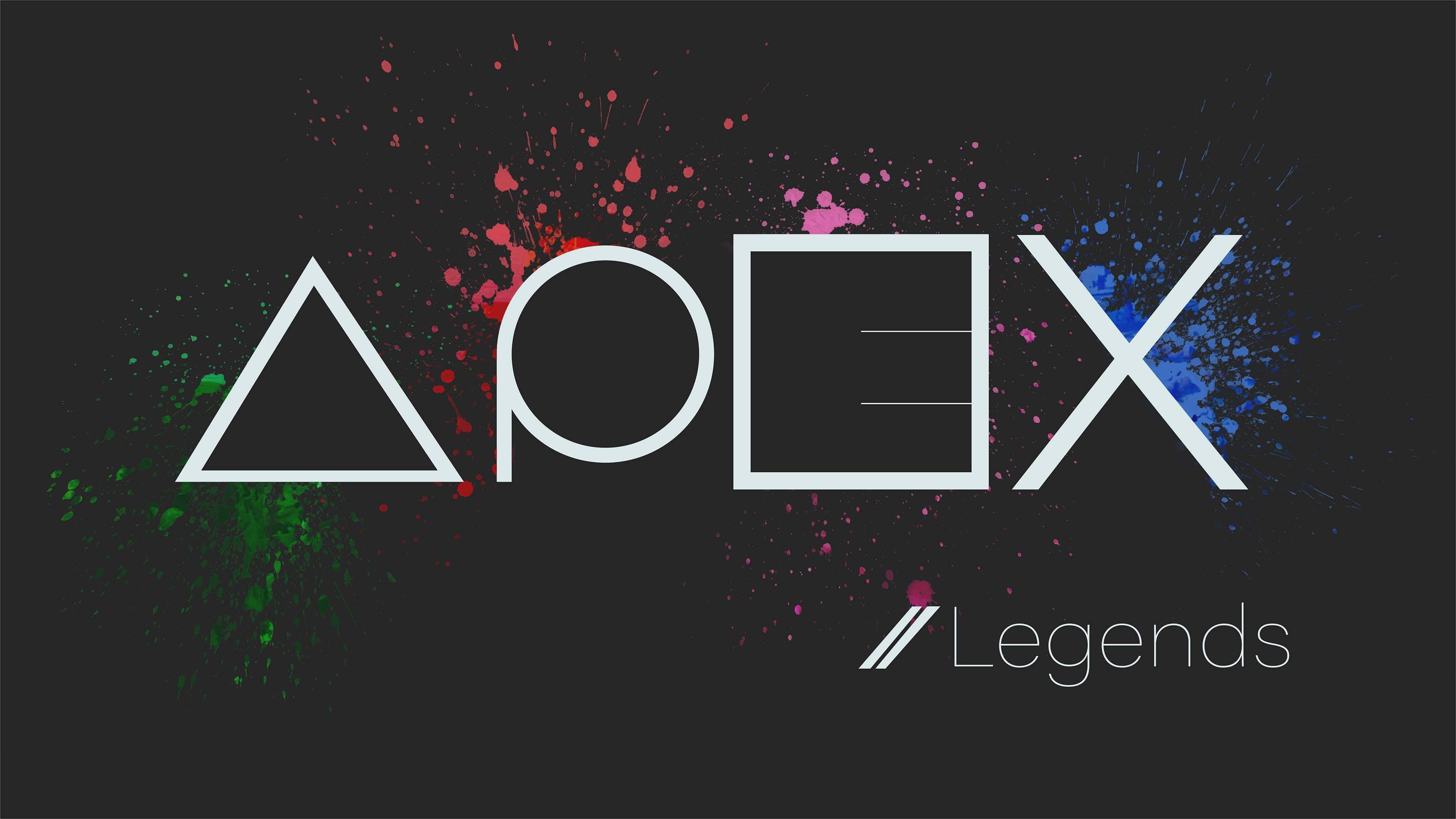 標誌 桌布 壁紙 — Apex Legends 標誌以白色幾何字體呈現，並在深色背景上帶有彩色油漆飛濺效果。