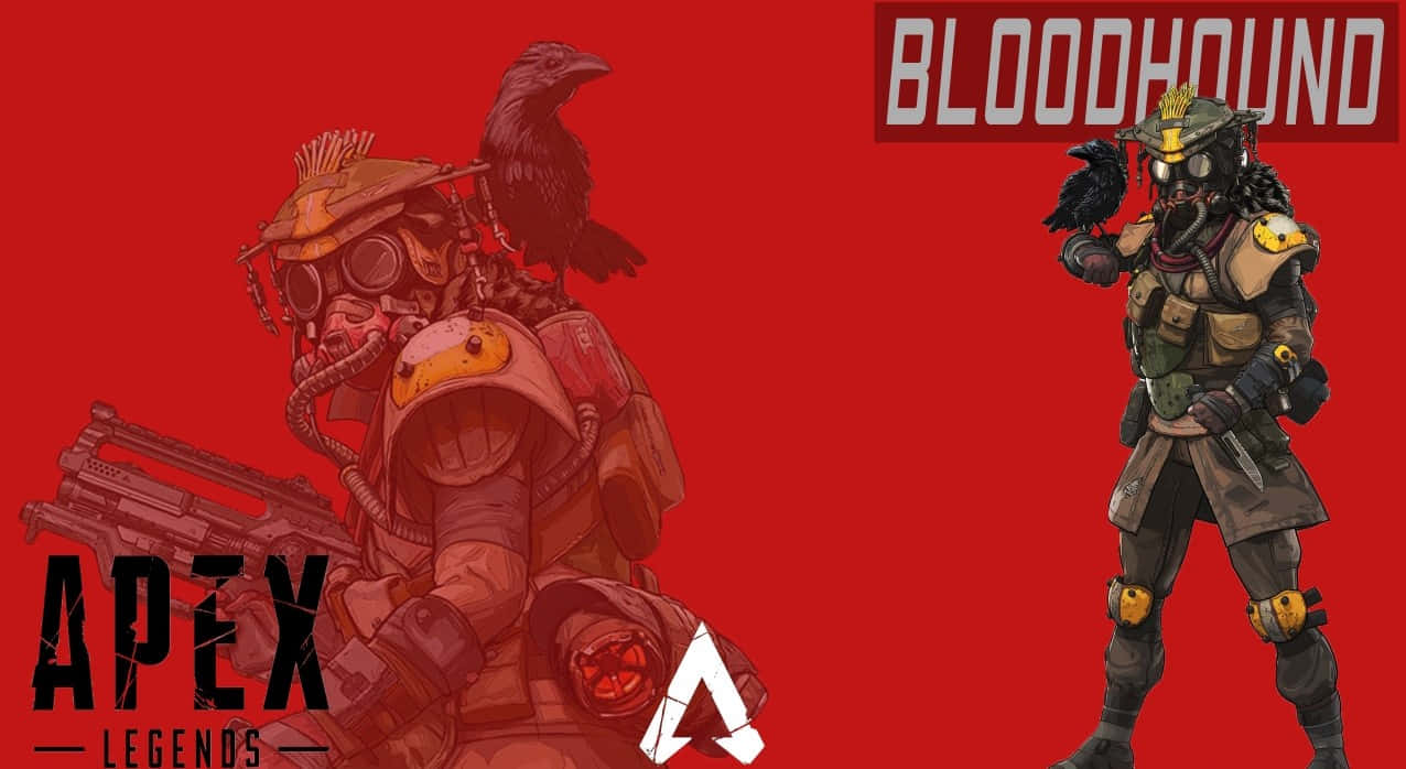 720p Apex Legends 桌布 壁紙 — 《Apex Legends》角色 Bloodhound 身穿全套戰術裝備，肩上棲息著一隻烏鴉，背景為大膽的紅色。