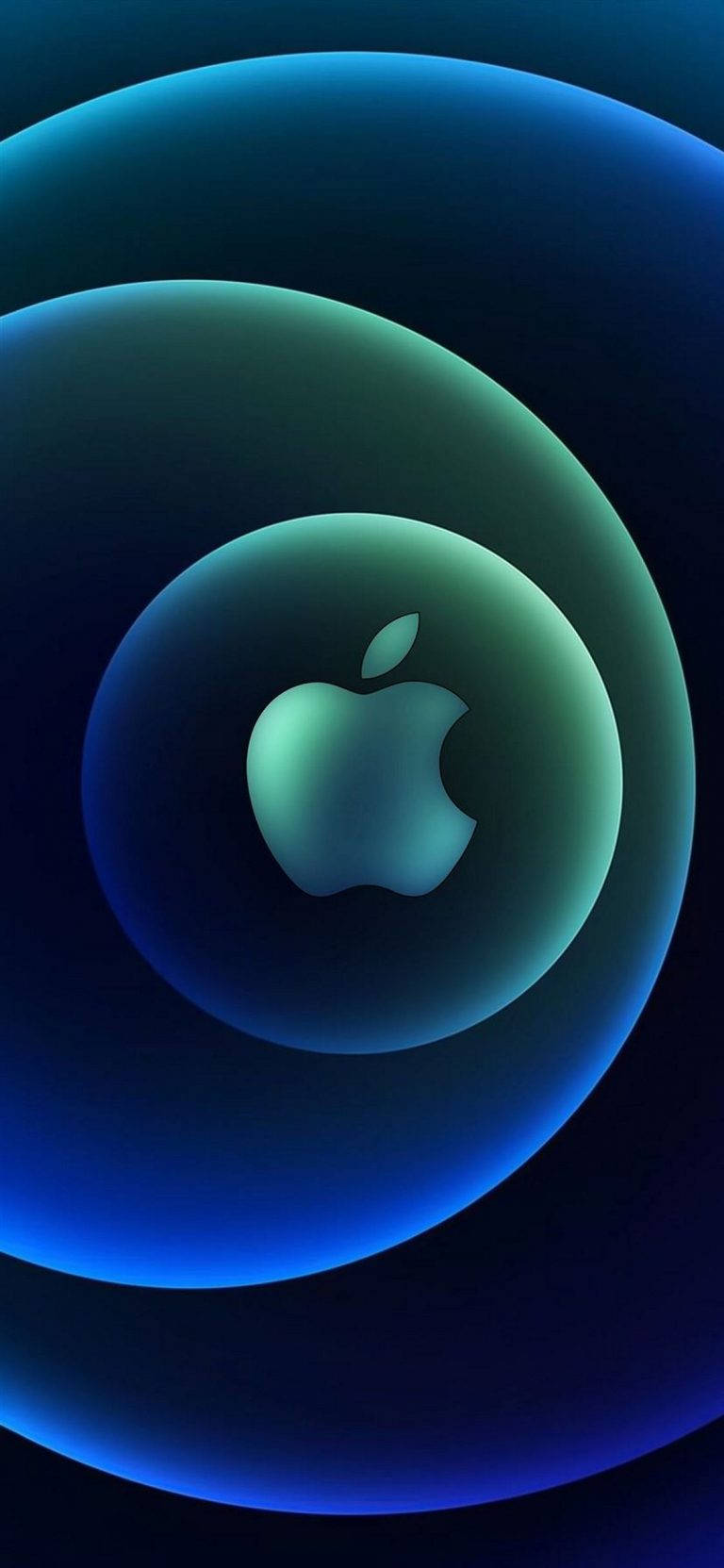 深色背景上發光藍色和綠色球體中的 Apple 標誌 — 3D 壁紙