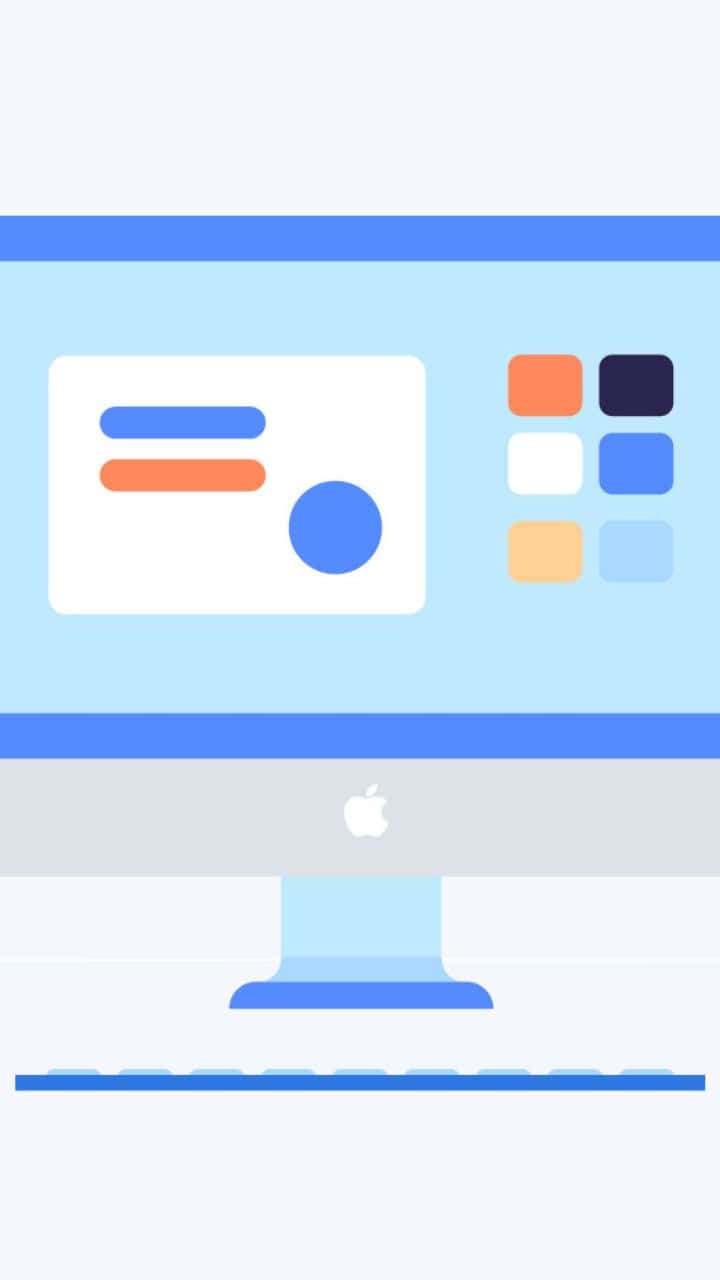 Android Computer 桌布 壁紙 — Apple iMac 的極簡插圖，顯示乾淨的介面，帶有色彩繽紛的應用程式圖標和抽象形狀。