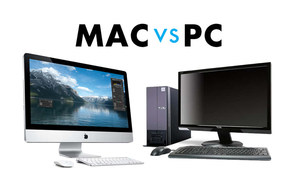 Mac 桌布 壁紙 — Apple iMac 與 Dell PC 桌上型電腦並排比較，上方有「MAC vs PC」文字。