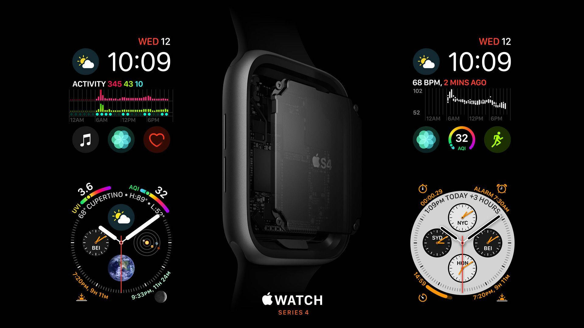 Apple Watch 動態 桌布 壁紙 — Apple Watch Series 4 在黑色背景上顯示多個錶面介面。