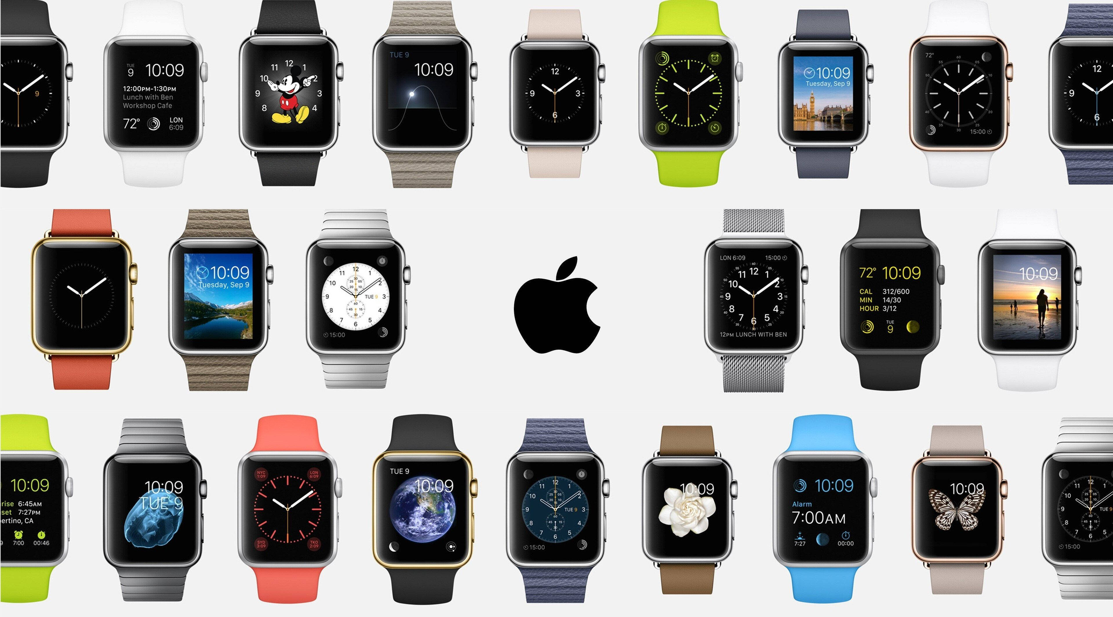 Apple Watch 動態 桌布 壁紙 — Apple Watch 型號網格，展示多種錶面和色彩繽紛的錶帶，背景為純白色。