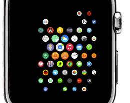 智慧手錶 桌布 壁紙 — Apple Watch 的特寫，黑色螢幕上顯示色彩繽紛的應用程式圖標網格，帶有金屬側邊按鈕。