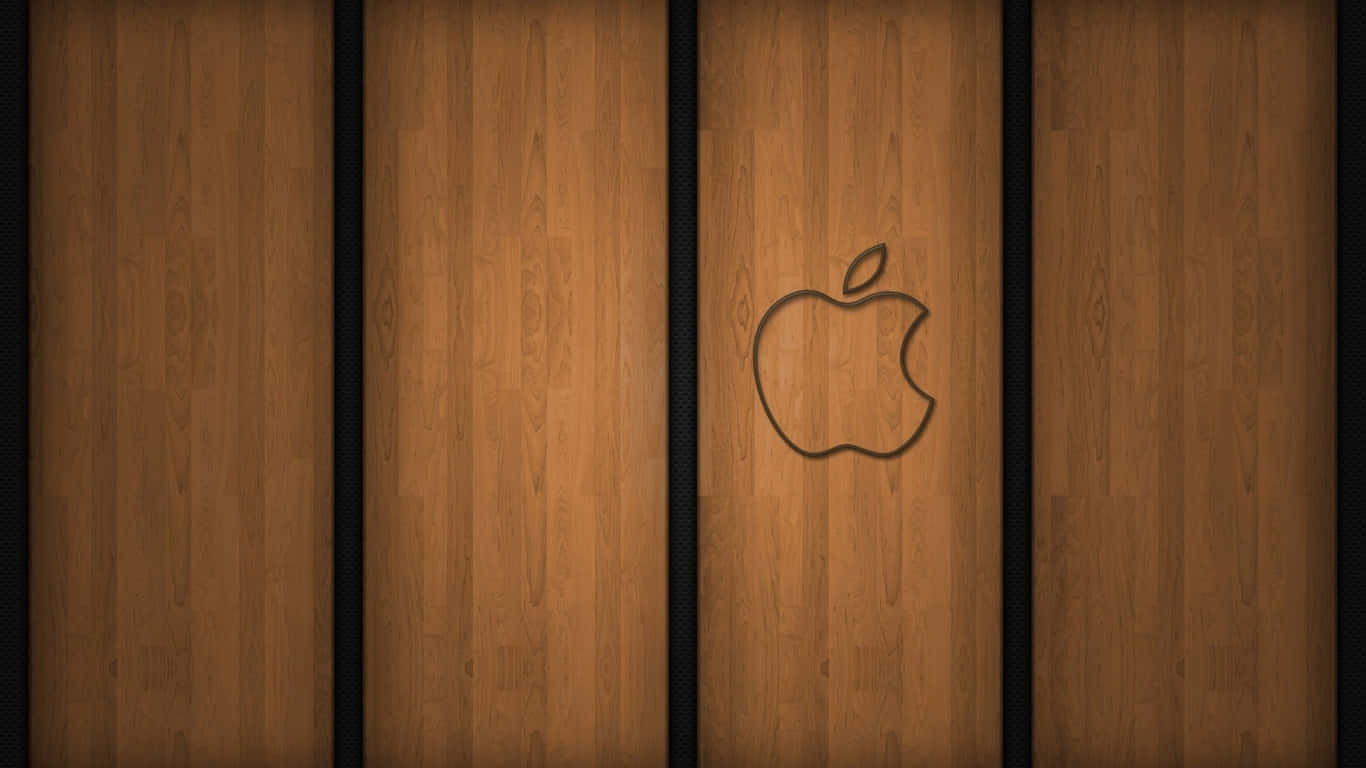 1366x768 Apple 桌布 壁紙 — Apple 標誌以深色輪廓蝕刻在溫暖的木板上，帶有黑色垂直分隔線。
