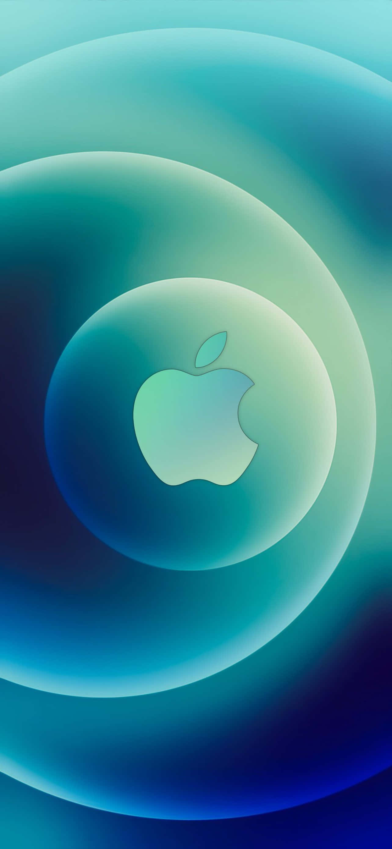 iPhone 13 Pro Max 桌布 壁紙 — Apple 標誌居中於發光半透明球體中，背景為青綠色和藍色漸變。