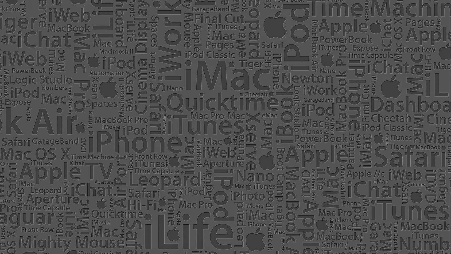 標誌 桌布 壁紙 — Apple 產品和軟體名稱的單色文字雲拼貼，帶有重複的標誌。