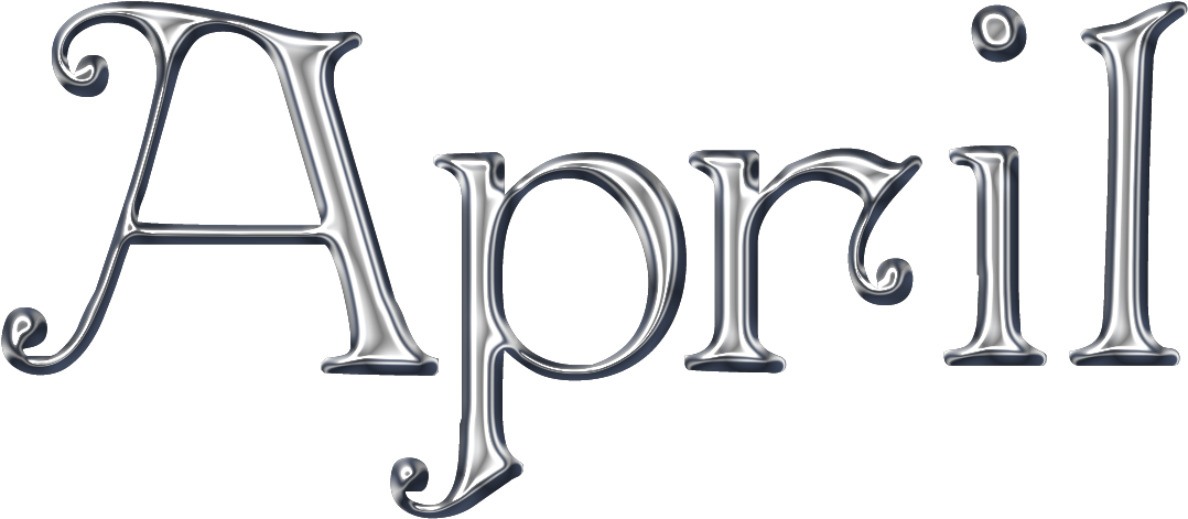 黑白 桌布 壁紙 — 「April」一詞以優雅的銀色3D字體呈現，帶有光澤高光，背景為純黑色。