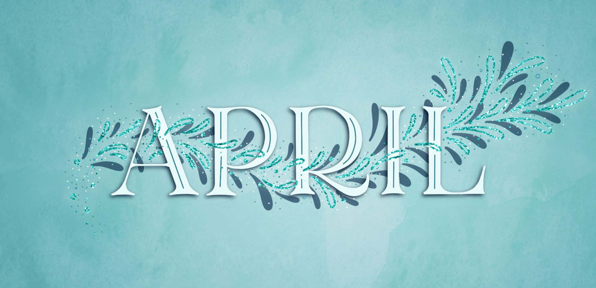 青色GIF 桌布 壁紙 — 「April」一詞以白色優雅地呈現，並帶有青綠色的葉狀裝飾，背景為柔和的紋理青綠色。