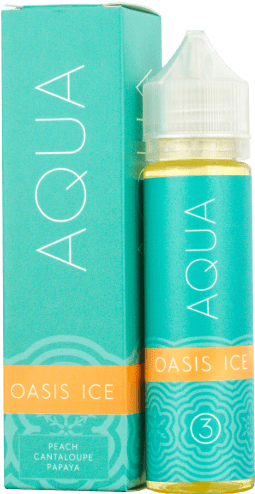 綠洲 桌布 壁紙 — Aqua 品牌電子煙油瓶和盒子，青綠色和橙色，帶有 'Oasis Ice' 口味文字。