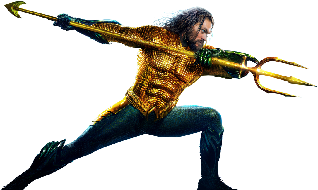 水行俠 桌布 壁紙 — Aquaman 身穿金色盔甲，手持三叉戟，在黑色背景上向前衝刺。