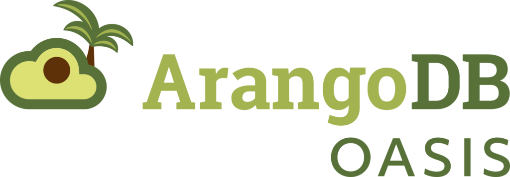 綠洲 桌布 壁紙 — ArangoDB Oasis 標誌，以綠色酪梨為特色，頂部有棕櫚樹，並配有粗體綠色文字。