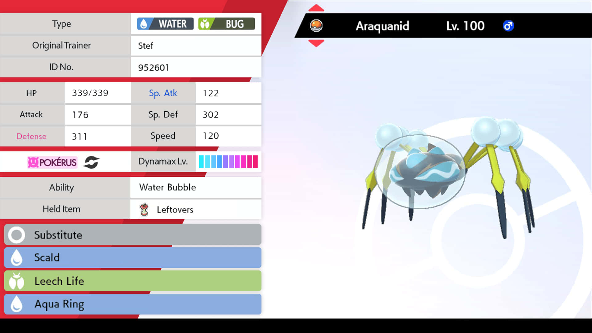 電玩遊戲 桌布 壁紙 — Araquanid 寶可夢對戰畫面，顯示數值與招式組合，附有 PokéRus 及極巨化 Lv.100 狀態。