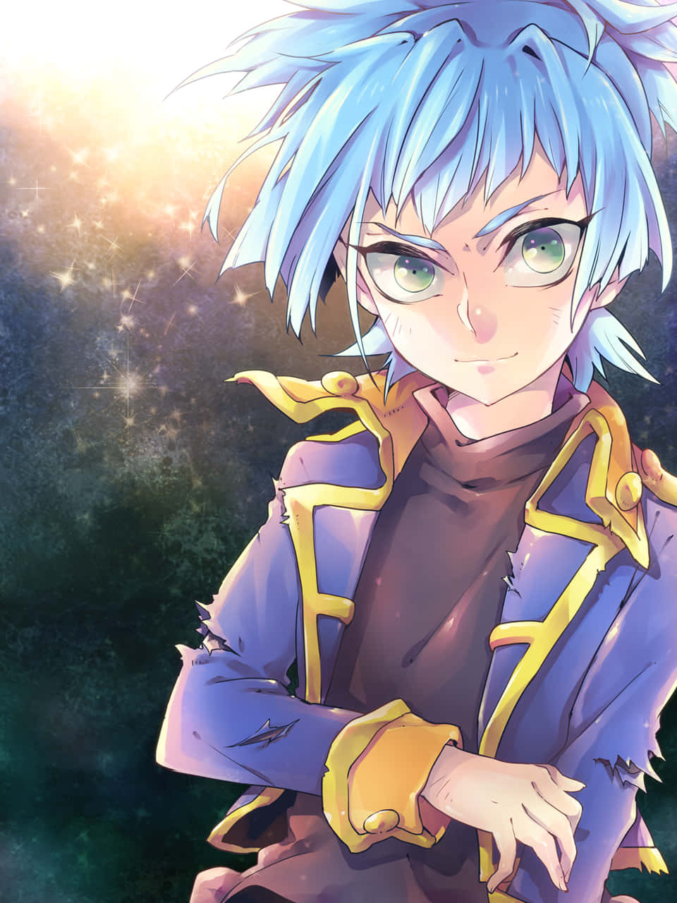 紫雲之素——來自《遊戲王ARC-V》的狡猾策略家 壁紙 — 一位藍髮綠眼戴眼鏡的動漫男孩，在閃爍的宇宙背景下自信地微笑。