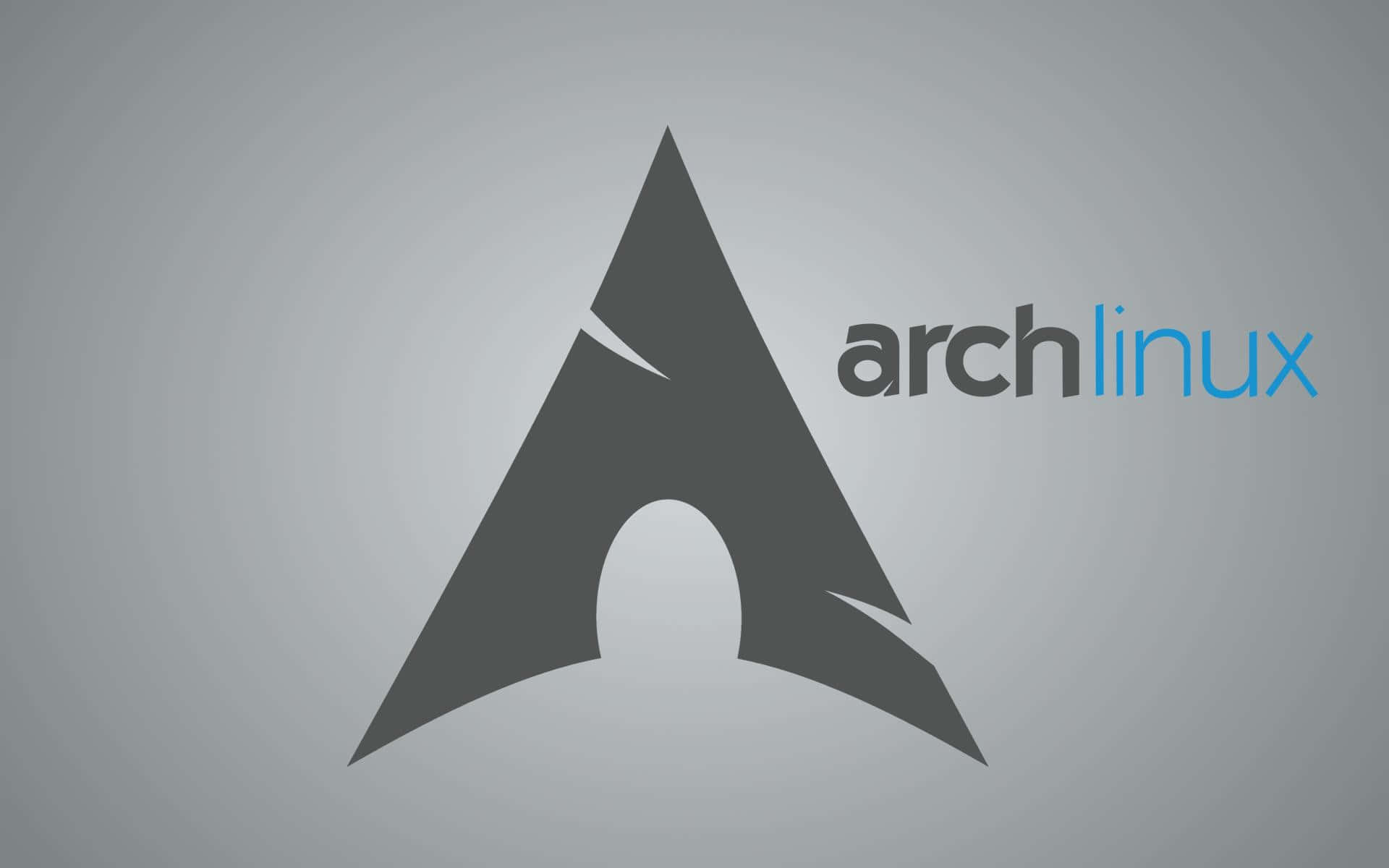 Arch Linux 桌布 壁紙 — Arch Linux 標誌，帶有風格化的深灰色「A」和藍色文字，背景為漸變灰色。