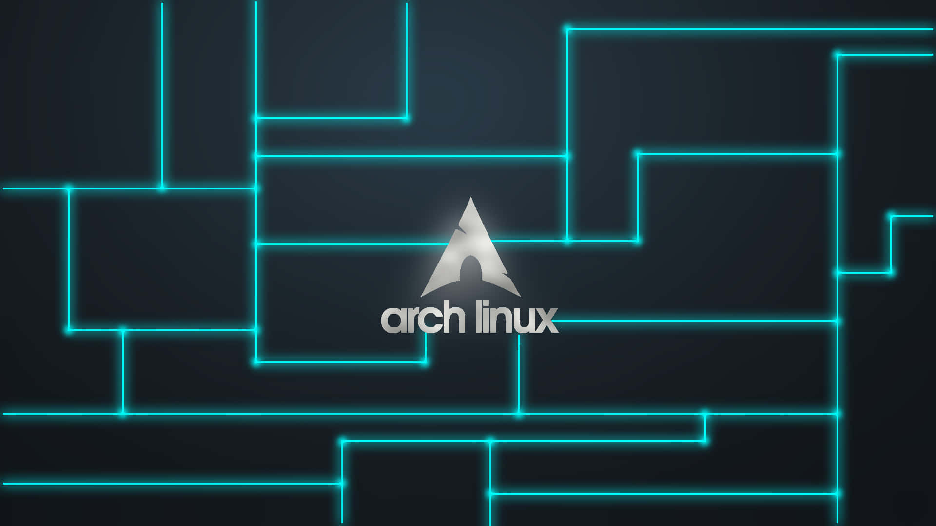 Arch Linux 桌布 壁紙 — Arch Linux 標誌居中於發光青色電路線條內，背景為深色。