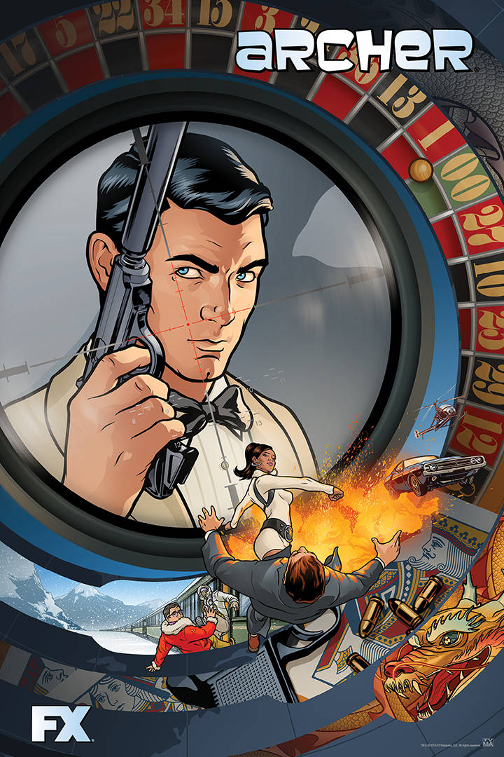 archer 桌布 壁紙 — 《Archer》漫畫風格海報，一名男子透過輪盤瞄準槍支，周圍是爆炸性的動作場面。