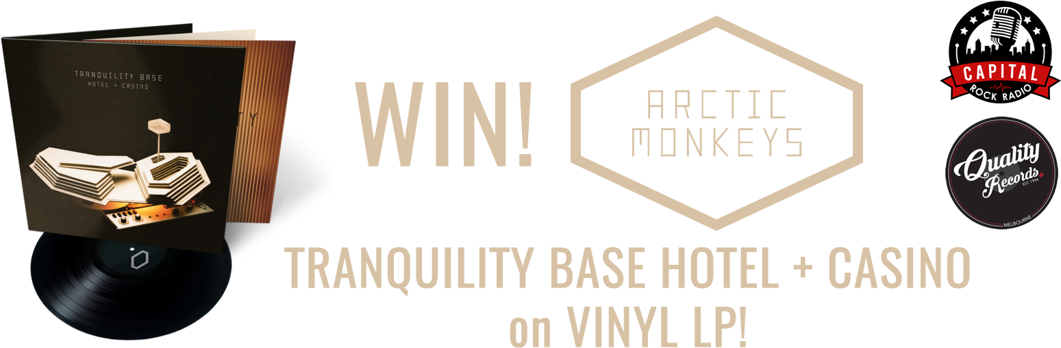 北極 桌布 壁紙 — Arctic Monkeys 專輯《Tranquility Base Hotel + Casino》的宣傳圖像，黑底上帶有黑膠唱片藝術品和標誌。