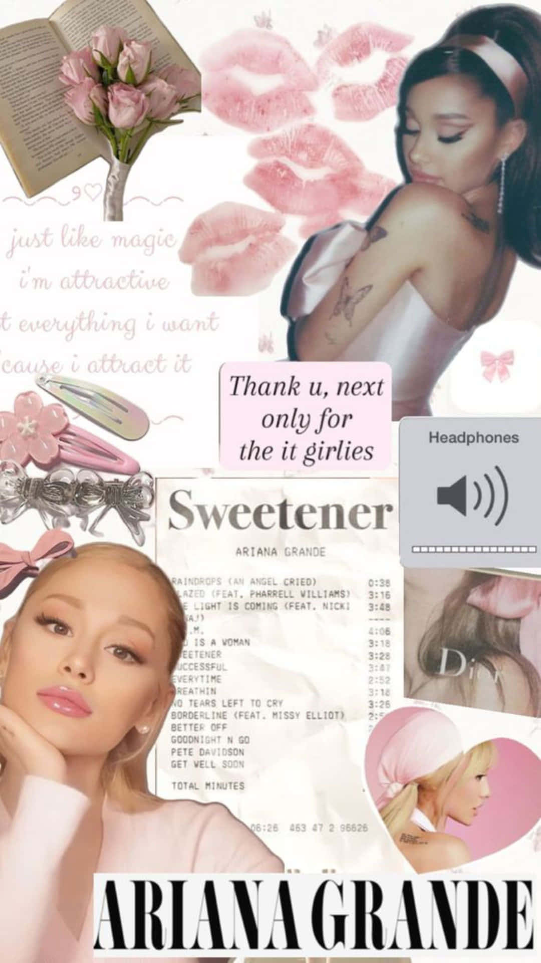  壁紙 — Ariana Grande 圖片、粉紅玫瑰、歌詞和耳機的拼貼，呈現夢幻美學。