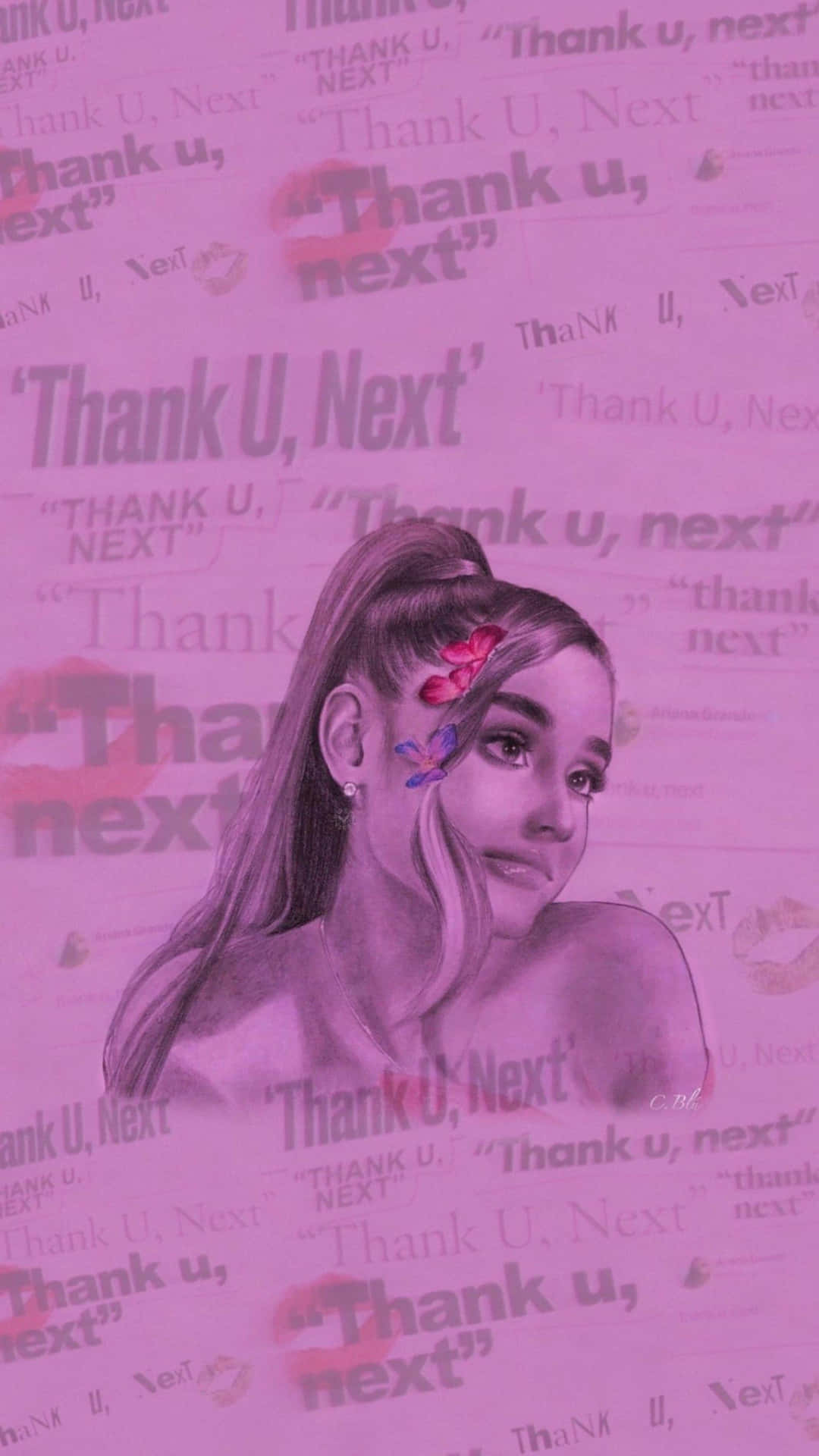  壁紙 — Ariana Grande 的插畫肖像，帶有蝴蝶髮夾，背景為粉紅色，充滿重複的「Thank U, Next」文字。