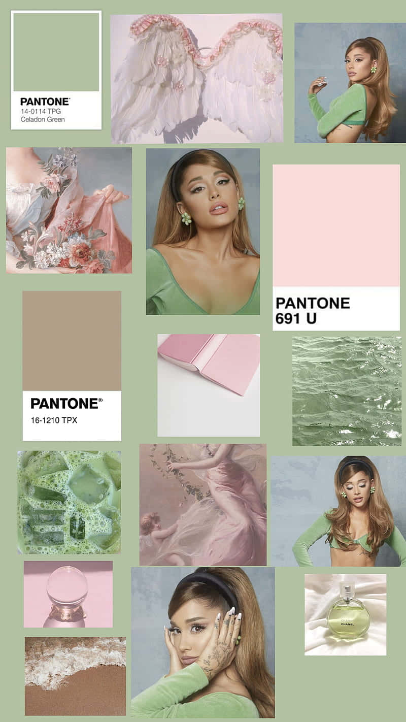  壁紙 — 一張柔和粉彩圖片的拼貼， featuring Ariana Grande 穿著綠色服裝、天使翅膀、香水瓶，以及 celadon 綠色和粉紅色的 Pantone 色票。